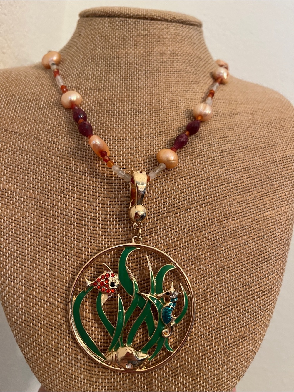 Fish,seahorse, & shell enamel pendant On hand made Peach pearls Necklace